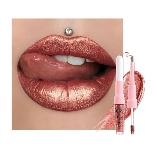 evpct Copper Metallic Glitter Lip Liner and Lipstick Combo Lip Gloss Stain Set Makeup for Women Long Lasting Waterproof 24, Bronze Gold Mocha Metallic Shimmer Frosted Iridescent Glossy Liquid Lipstick-Velvo Beauty