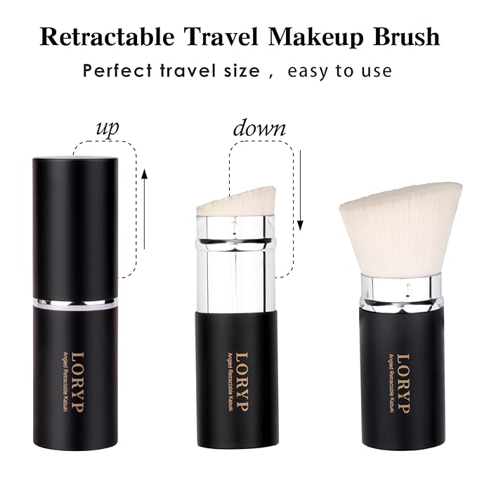LORYP Retractable Makeup Brush Matte Black Kabuki Foundation Brush for liquid Cream and Powder Makeup 2 Pack Travel Makeup Brush Set-Velvo Beauty