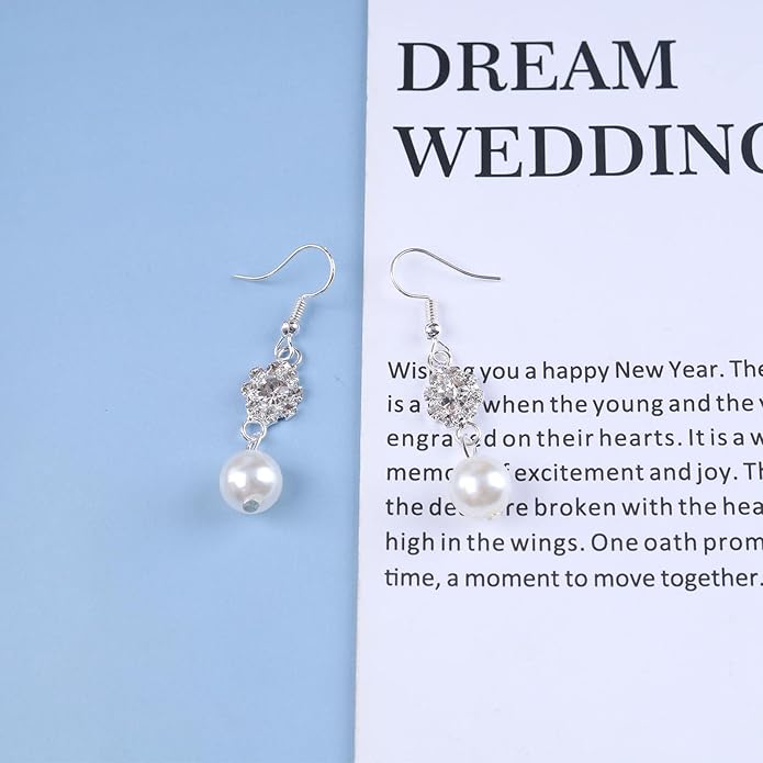 Vintage Rhinestone Pearl Drop Earrings Crystal Flower Dangle Earrings Silver Pearl Earring Cz Flower Hook Earrings Jewelry for Women-Velvo Beauty