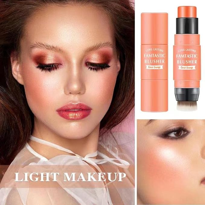 Cream Blush Stick with Brush,Waterproof Multi Cream Makeup Stick,Lightweight,Long-lasting,2 in 1 Multi Blush for Cheeks & Lip Tint & Eyeshadow Makeup(#03 Coral Orange)-Velvo Beauty