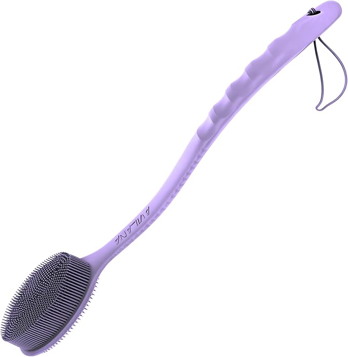 Avilana Silicone Body Scrubber – Gentle Shower Brush & Loofah Alternative- Food Grade & Lab Tested – Fast-Drying, Hygienic, BPA-Free Silicone Body Gentle Exfoliator (Lavender, Long Handle)-Velvo Beauty