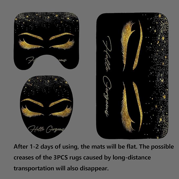 4PCS Unicorn Eyelash Shower Curtain Set, Luxury Gold Glitter Eyebrow Makeup Confetti Hello Gorgeous Glam Modern Fashion Black Women Bathroom Decor, Non-slip Bath Mat Toilet Rug, Gold Eyelash-Velvo Beauty