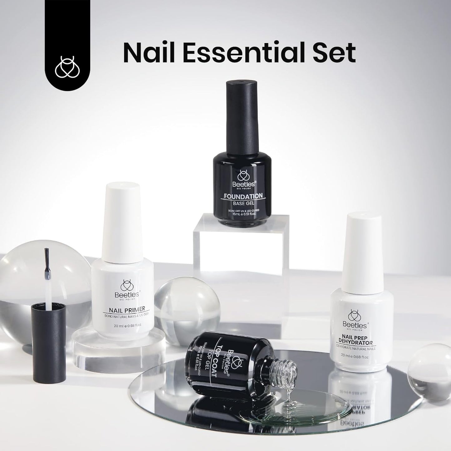 Beetles 4 Pcs 15ml Base Gel and Top Coat Kit with 20ml Nail Dehydrator and Primer, Professional Nail Prep Acid-Free & Hema-Free Dehydrate Bond Primer Set for Acrylic Nail Manicure Gift for Women-Velvo Beauty