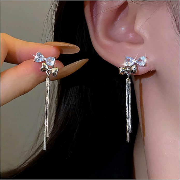 Vintage Crystal Bow Chain Drop Earrings Rhinestone Heart Stud Earrings Silver Long Chain Tassel Earrings Sparkly Cz Bridal Earrings Jewelry for Women-Velvo Beauty