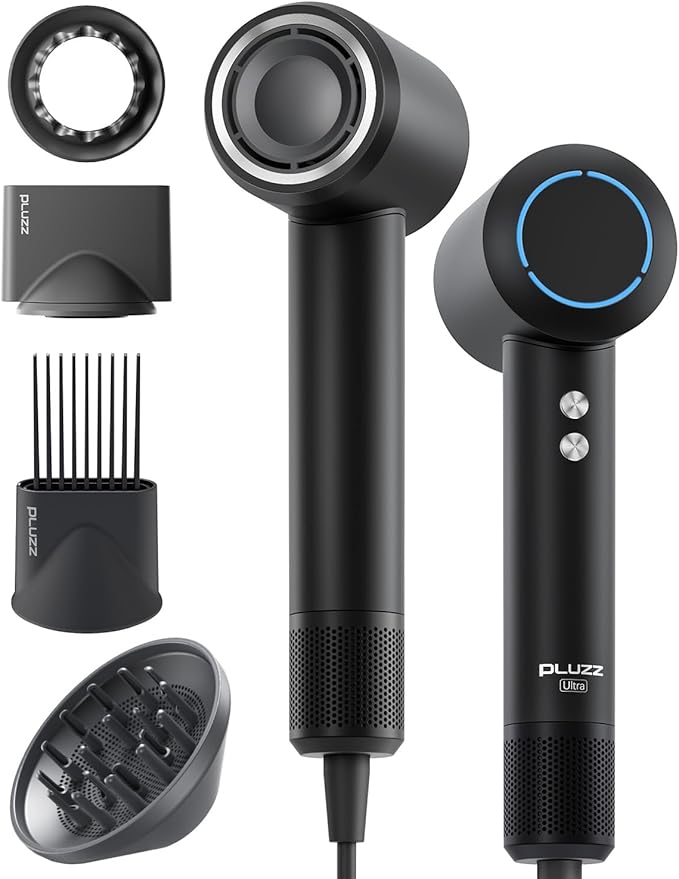 Hair Dryer with Comb & Diffuser Attachment for Curly Hair, PLUZZ 200M Negative Ionic Blow Dryer Brush, High-Speed Brushless Motor Hairdryer Fast, Portable Travel Hair Dryers Quiet, Women/Men/Kids-Velvo Beauty