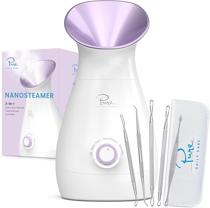 NanoSteamer Large 3-in-1 Nano Ionic Facial Steamer with Precise Temp Control - Humidifier - Unclogs Pores - Blackheads - Spa Quality - Bonus 5 Piece Stainless Steel Skin Kit (Lilac)-Velvo Beauty