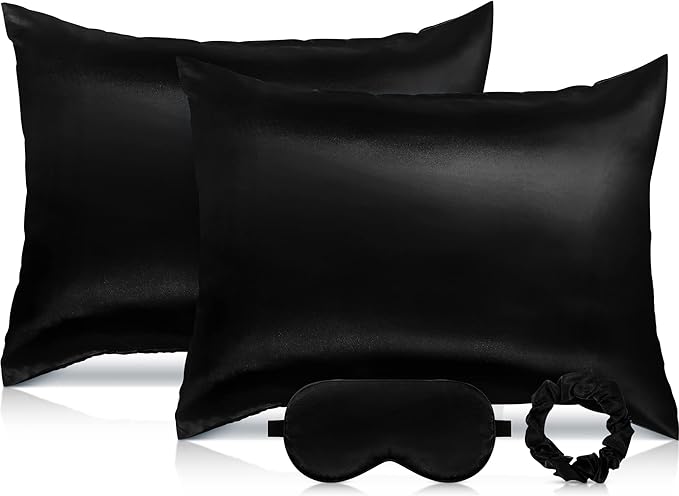 2 Pack Satin Pillowcase with Latent Zipper, Adjustable Satin Eye Mask for Sleeping and Satin Volume Scrunchie for Hair and Skin, Standard Size (Classic Style, Black)-Velvo Beauty
