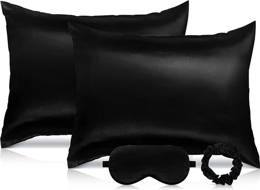 2 Pack Satin Pillowcase with Latent Zipper, Adjustable Satin Eye Mask for Sleeping and Satin Volume Scrunchie for Hair and Skin, Standard Size (Classic Style, Black)-Velvo Beauty