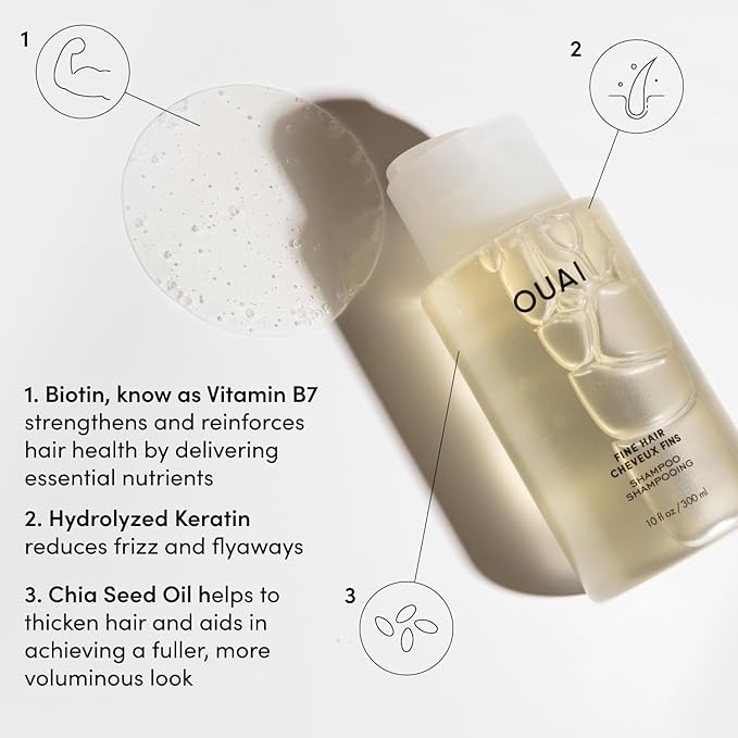 OUAI Fine Shampoo - Volumizing Shampoo with Strengthening Keratin, Biotin & Chia Seed Oil for Fine Hair - Delivers Clean, Weightless Body - Paraben, Phthalate & Sulfate Free Hair Care (10 Fl Oz)-Velvo Beauty