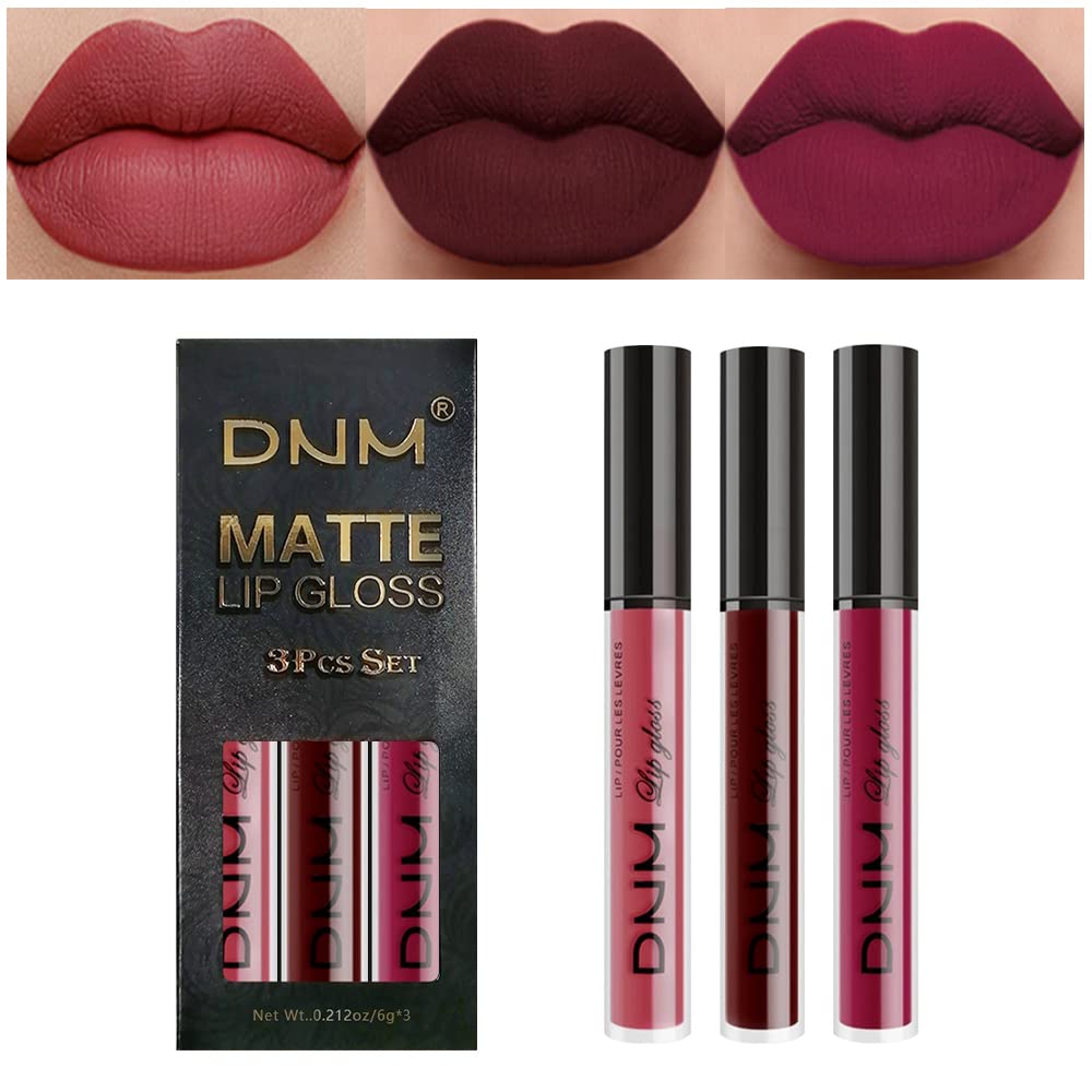 evpct 3Pcs Dark Red Purple Matte 24-hour Liquid Lipstick Sets, Matte Lipstick Lip Stain Long Lasting 24 Smudge Waterproof Lip Gloss Gift Set Matt Lipsticks Set Matt Liquid Women Makeup Lipstick 06-Velvo Beauty