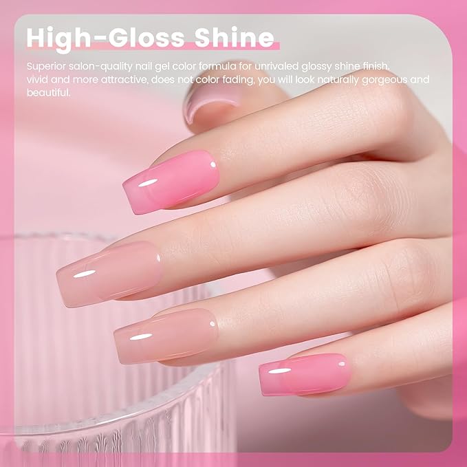 RARJSM Nude Pink Jelly Gel Nail Polish Set 6pcs Clear Crytal Stained Glass Purple Pink Series Transparent Sheer Amber Milky Gel Varnish LED UV Curing Requires Soak off French Manicure Home Salon-Velvo Beauty