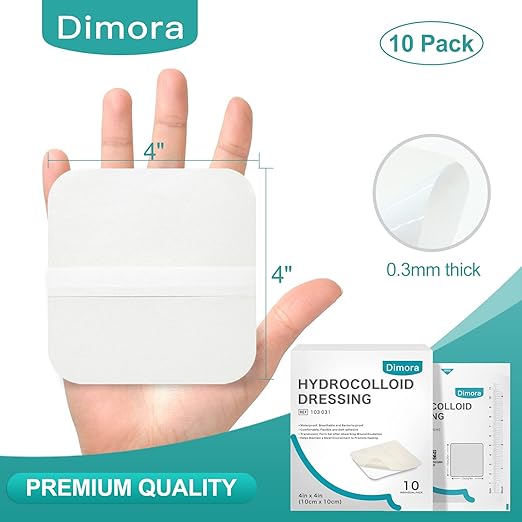 Dimora Hydrocolloid Wound Dressing, 10 Pack Ultra Thin 4" x 4" Large Patch Bandages with Self-Adhesive, Fast Healing for Bedsore, Burn, Blister, Acne Care, Sterile and Waterproof-Velvo Beauty