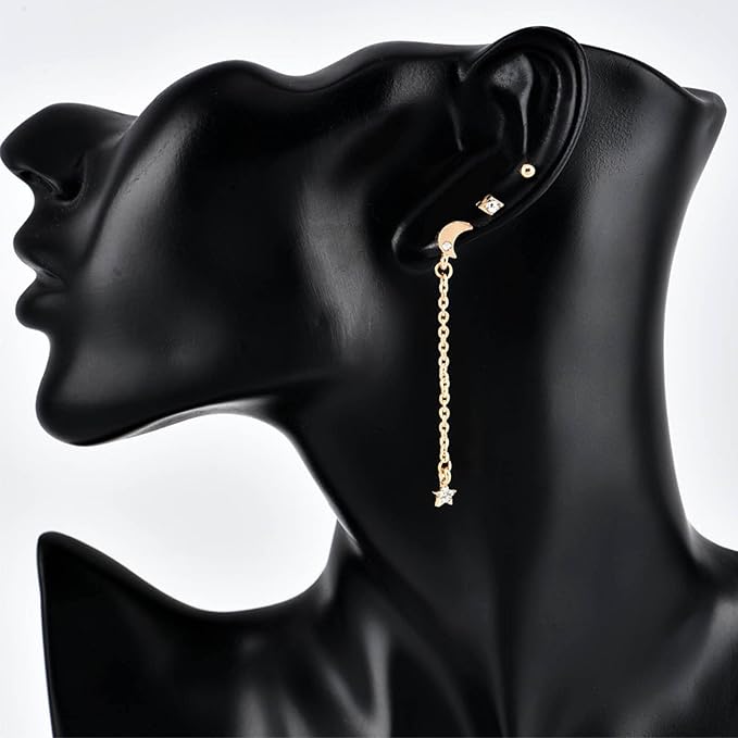 Bohemia Moon Star Dangle Earrings Gold Cz Moon Drop Chain Earrings Crystal Star Earrings Star Chain Earrings for Women and Girls-Velvo Beauty