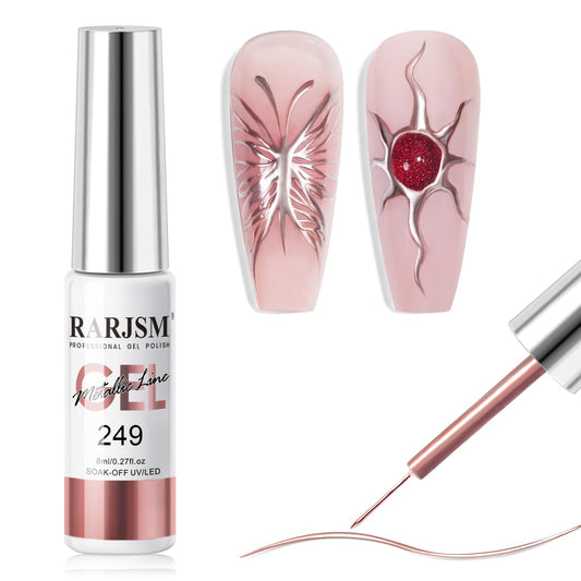 RARJSM Metallic Gel Liner Nail Art Rose Gold 3D Mirror Chrome Effect Gel Nail Polish 8ml Painting Build in Thin Brush Metal Painted Drawing Striper Gelpolish Soak off Curing Requires for Home Salon-Velvo Beauty