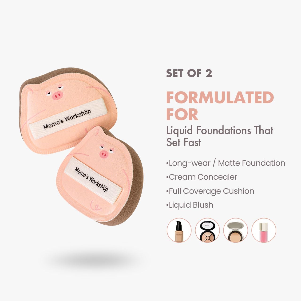 Sleepy Pig Puffs, Makeup Sponges Set, Dry&Wet Dual-Use Foundation Sponge - Hydrophilic Polyurethane, Expands 1.3x When Wet for Cream Foundation/Liquid Blush/Highlighter,2pcs Puffs & Storage Case-Velvo Beauty