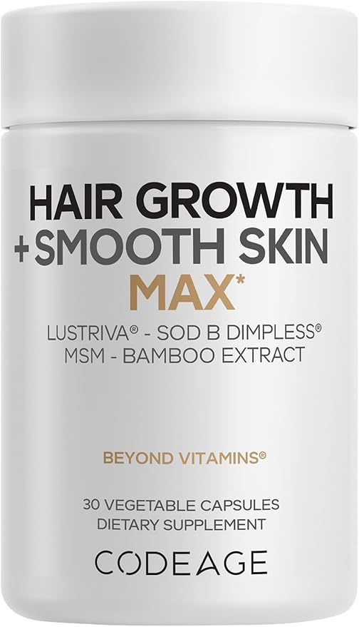 Codeage Hair Growth + Smooth Skin Max Vitamins Supplement - Patented Lustriva & SOD B Dimpless Superoxide Dismutase - Hair Growth Health Skin Cellulite Support - Biotin, Vitamin C, MSM - 30 Capsules-Velvo Beauty