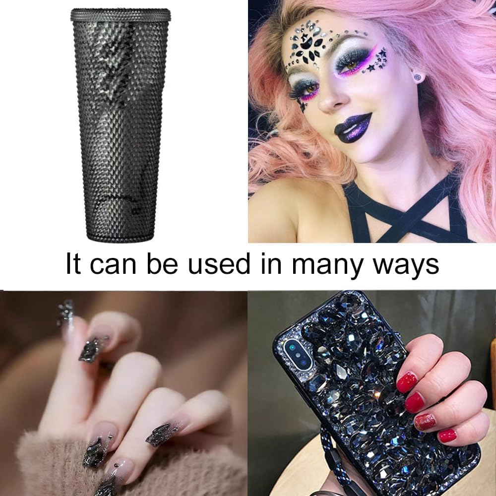 3 Boxes Black Nail Rhinestones with Fine Glitters Kit, 60Pcs Big Assorted Black Nail Gems with S6-S16 Flatback Round Stones,Crystals Nail Gem Stones for DIY Faces Body Crafts-Velvo Beauty