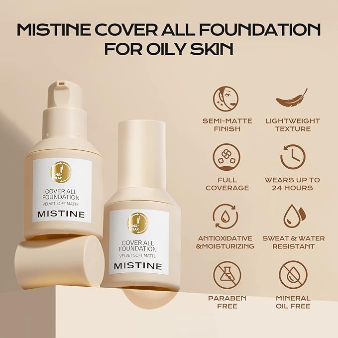 MISTINE Full Coverage Foundation Makeup for Oily Skin,24 Hour Oil Control Liquid Foundation,Skin-Caring,Moisturizing Formula,Cream Foundation,Matte Finish,Creamy Beige,1 Fl Oz-Velvo Beauty