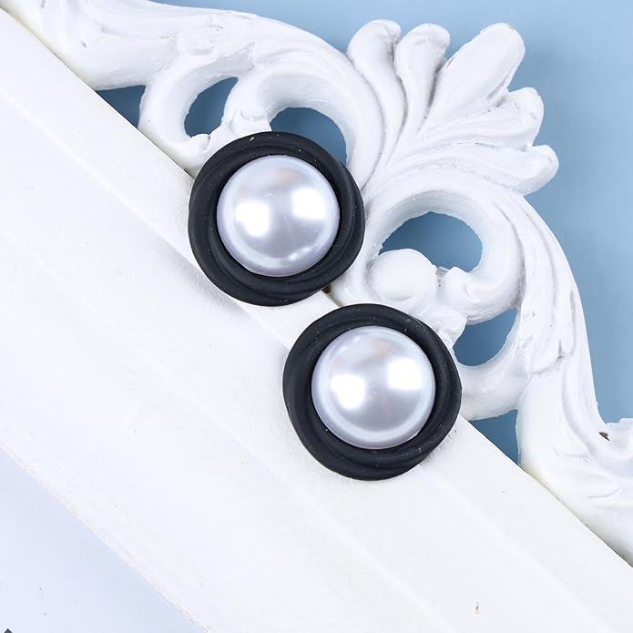 Vintage Mermaid Pearl Stud Earrings Half Pearl Earrings Black Enamel Circle Earrings Mermaid Stud Earrings Jewelry for Women and Girls-Velvo Beauty