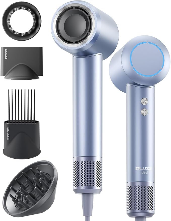 Hair Dryer with Comb & Diffuser Attachment for Curly Hair, PLUZZ 200M Negative Ionic Blow Dryer Brush, High-Speed Brushless Motor Hairdryer Fast, Portable Travel Hair Dryers Quiet, Women/Men/Kids-Velvo Beauty