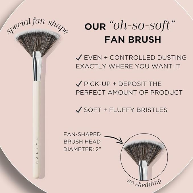 HALEYS Fan Brush VEGAN+CRUELTY-FREE, Sustainable Wood, Vegan Bristles for Airbrushed Finish, For highlighter application, Streak-free, Perfect Blending, Blurs, Smooths with Control-Velvo Beauty