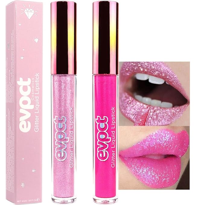 evpct 2Pcs Rose & Hot Pink Glitter Metallic Shimmer Diamond Lipstick Lip Gloss Set for Women Long Lasting Waterproof, Light Bright Rose Pink Sparkle Glitter Matte Liquid Lipstick Lip Makeup Kit-Velvo Beauty