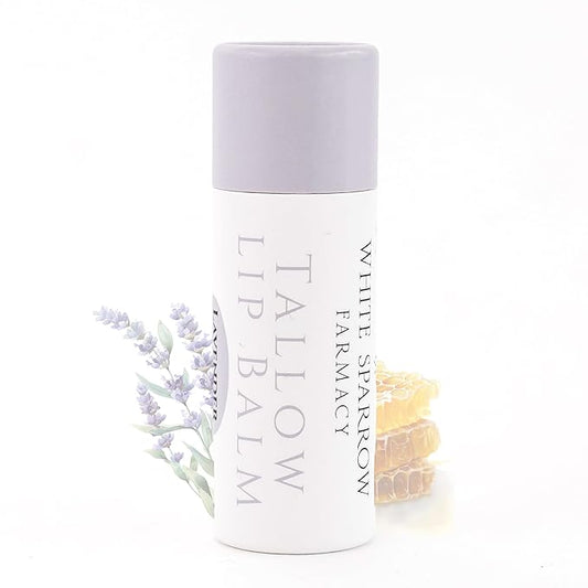 Organic Tallow Lip Balm (Lavender & Honey) from Grass Fed Cows. Super hydrating with Tallow, Olive Oil, Honey, and Beeswax. Sustainable Cardboard Tubes & Hand Filled. Jumbo Size 0.5 oz.-Velvo Beauty