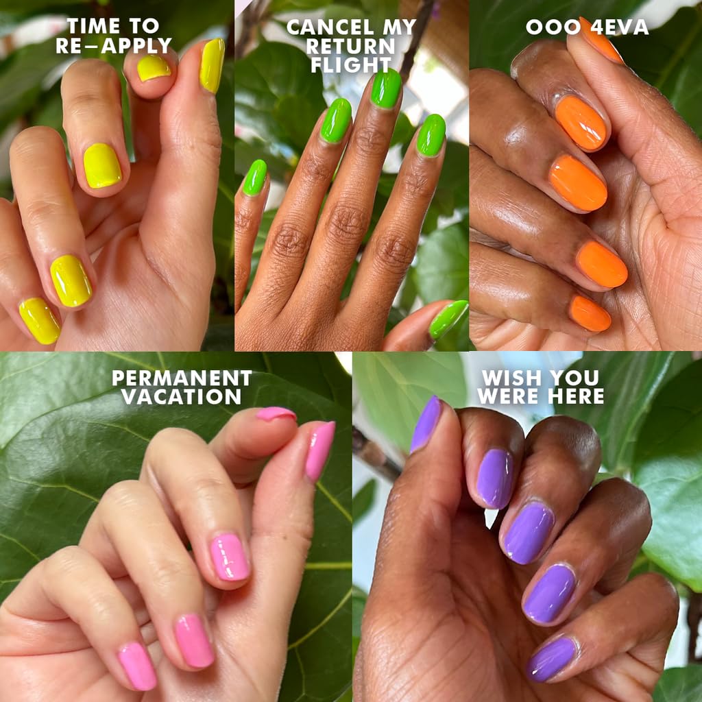 Olive & June Gel Summer Brights Nail Polish Set | UV LED Nail Lamp Needed | 5 Neon Shades: Time to Re-Apply, Cancel My Return Flight, OOO 4Eva, Permanent Vacation, Wish You Were Here-Velvo Beauty