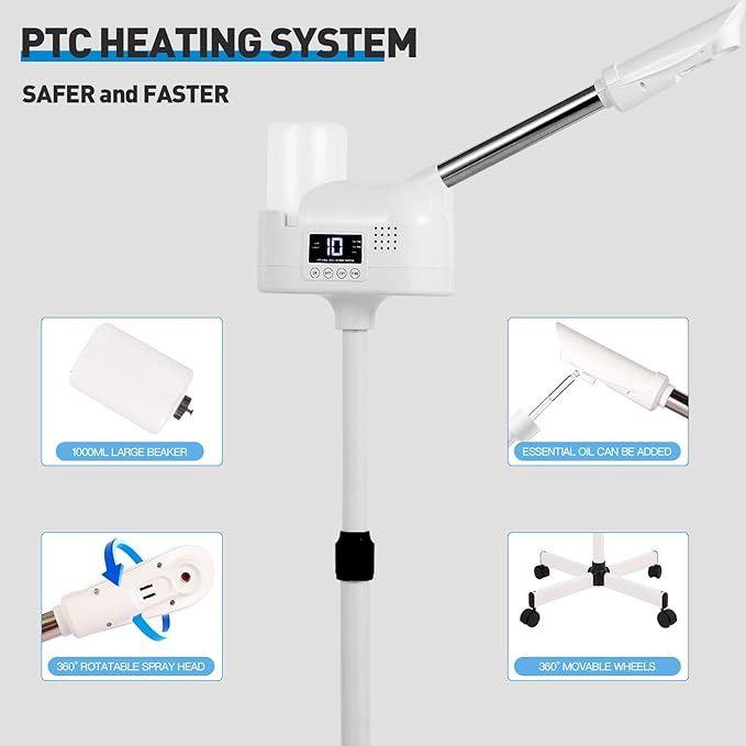 Professional Facial Steamer, Facial Steamer with Hot Mist and Timer Function for Deep Hydration, Height Adjustable Face Steamer on Wheels with Touch Screen and Rotatable Nozzle for Salon Spa Home Use-Velvo Beauty