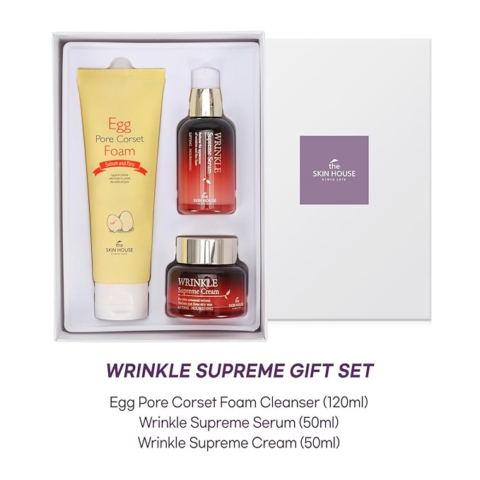 THE SKIN HOUSE Wrinkle Supreme Gift Set l Birthday present , Korean Facial Skin Care Essential for Wrinkles, Fine Lines, Nourishing l Red Ginseng, Adenosine, Ceramide l Facial Cleanser, Serum, Cream-Velvo Beauty