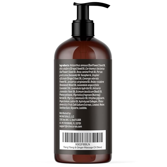 Ylang Ylang + Ginger Lymphatic Drainage Massage Oil – with Collagen & Stem Cells for Circulation, Detox & Cellulite Removal – Body Oil for Muscle Relief, Skin Firming & Relaxation – 8oz by M3 Naturals-Velvo Beauty