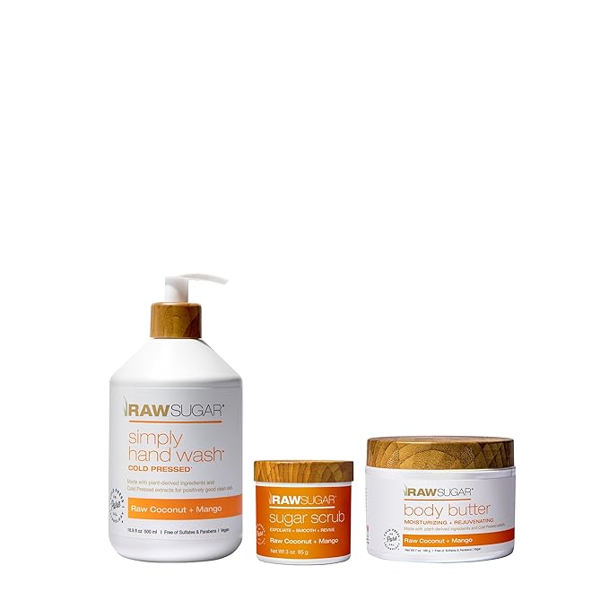 RAW SUGAR Raw Coconut + Mango Hand Soap, Body Scrub & Body Butter Bundle, Body Care for Dry Skin, Exfoliate and Moisturize, Hand Wash + Body Care - Mango, Formulated without Sulates and Parabens-Velvo Beauty