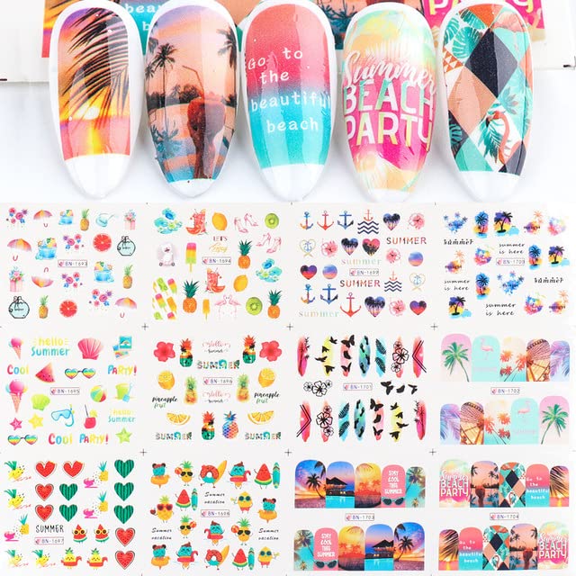 Summer Nail Art Stickers Decals, 12 Sheets of Fruit Hawaii Design Water Transfer Nail Slider Tattoos Holographic Colorful Pineapple Watermelon Pattern Acrylic Nail Art for Summer DIY Nail Decoration-Velvo Beauty