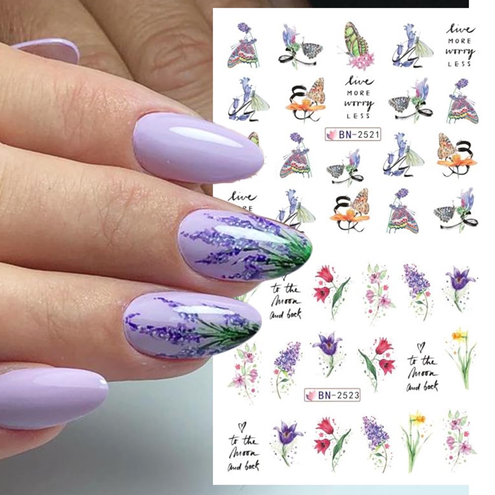 12 Sheets Flower Water Transfer Nail Stickers Purple Fresh Flower Nail Art Decals with Assorted Pattern Blossom Floral Butterfly Dragonfly DIY Nail Art supplies for Women Nail Decorations Manicure Tip-Velvo Beauty