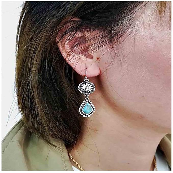 Boho Oval Turquoise Earrings Silver Circle Dangle Drop Earrings Vintage Flower Earrings Tribal Earrings Jewelry for Women and Girls-Velvo Beauty