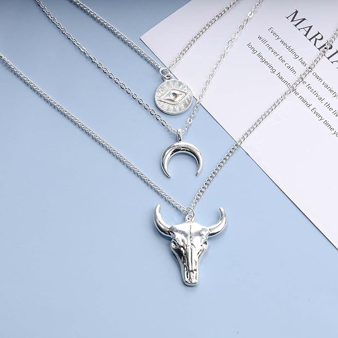 Boho Layered Moon Necklace Silver Compass Disc Pendant Necklace Chain Cow Evil Eye Charm Necklace Jewelry for Women-Velvo Beauty