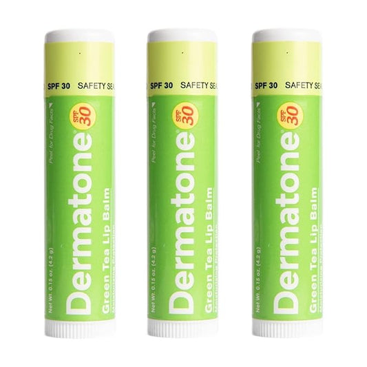 Dermatone Green Tea Lip Balm SPF 30 | Moisturizing | Medicated | Aloe & Vitamin E | Soothes Chapped & Cracked Lips | 3-pack (Green Tea, 0.15oz)-Velvo Beauty