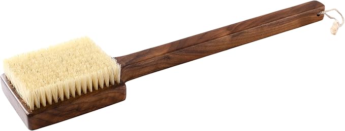 Luxury Natural Walnut Wood Boar Bristle Body Brush | Exfoliating & Detoxifying for All Skin Type | Sweeps Away Dead Skin Cells for Luminous, Smooth Skin | for Wet and Dry Use (Long Handle)-Velvo Beauty