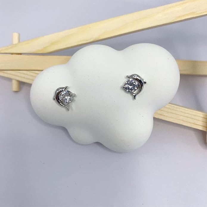 Silver Dolphin CZ Earrings Cute Animal Stud Earrings Tiny Earring Jackets Gifts for Women and Girls-Velvo Beauty