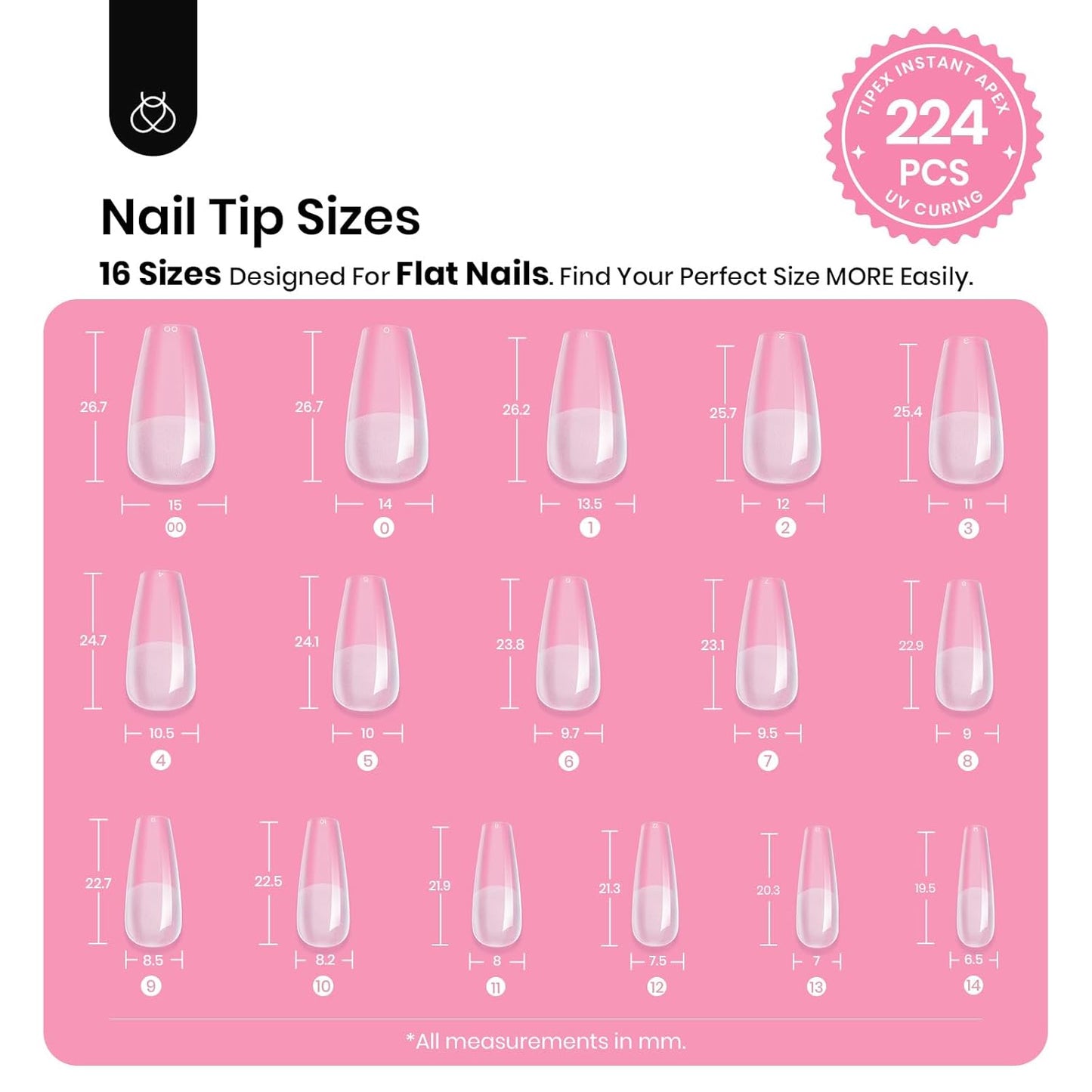 Beetles Tipex Gel Nail Kit with 224Pcs 16Sizes Medium Coffin Apex Nail Tips C Curved , Pre-building Acrylic Nails with Tipex Nail Glue，Mini Nail Lamp, Nail File for DIY Nails or Salon Use-Velvo Beauty