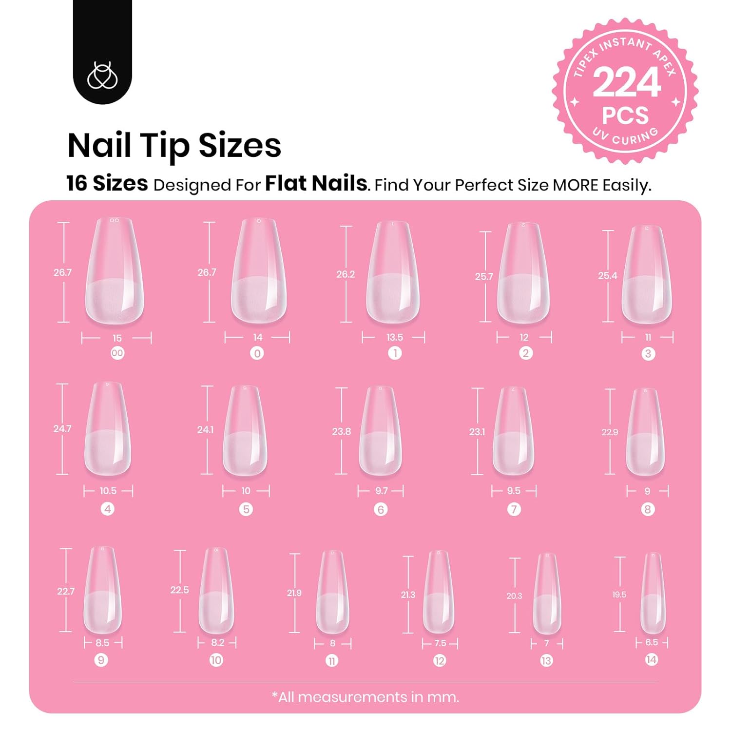 Beetles Tipex Gel Nail Kit with 224Pcs 16Sizes Medium Coffin Apex Nail Tips C Curved , Pre-building Acrylic Nails with Tipex Nail Glue，Mini Nail Lamp, Nail File for DIY Nails or Salon Use-Velvo Beauty