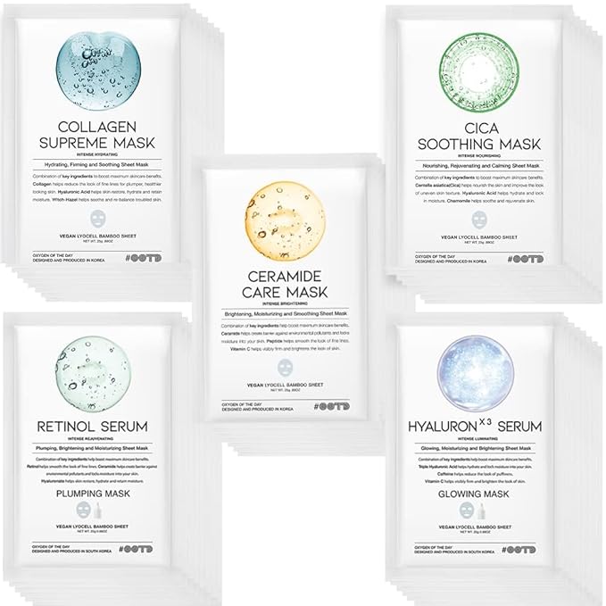50Combo Korean Face Sheet Mask Gift Pack, Hydrating, Calming, Brightening, Smooting, Rejuvenating, EVE Vegan, Cica, Hyaluron, Retinol, Ceramide, Collagen-Velvo Beauty