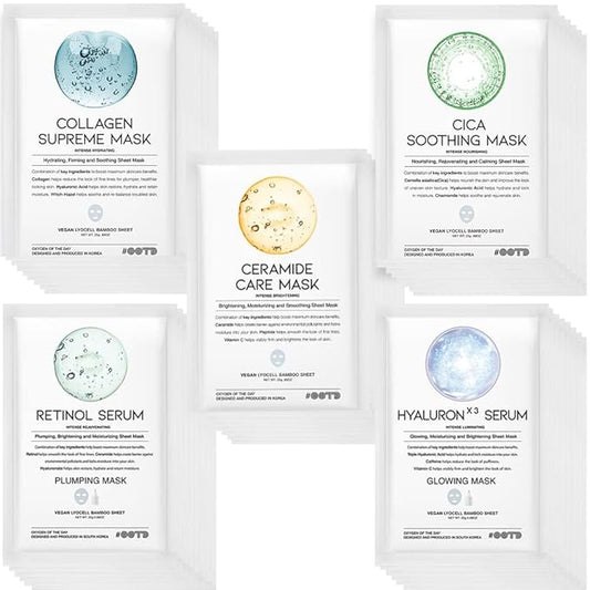 50Combo Korean Face Sheet Mask Gift Pack, Hydrating, Calming, Brightening, Smooting, Rejuvenating, EVE Vegan, Cica, Hyaluron, Retinol, Ceramide, Collagen-Velvo Beauty