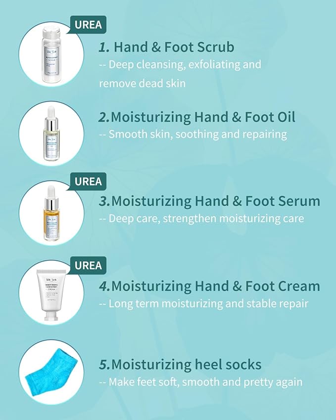 VTS Self Care Kit - Includes Moisturizing Heel Socks, Hand & Foot Oil, Salt Scrubs, Serum, Urea Cream 40 Percent - Hand Care Set, Foot Pedicure Kit for Dry Cracked Heels Feet Knees Elbows Hands-Velvo Beauty
