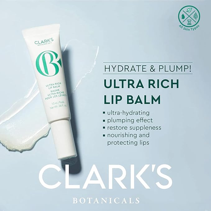Clark's Botanicals Ultra Rich Lip Balm: Plumping Moisturizer with Collagen and Shea, Mango & Avocado Butter + Vitamin E, Stimulating Organic Lip Treatment | 0.34 fl oz (Pack of 1)-Velvo Beauty
