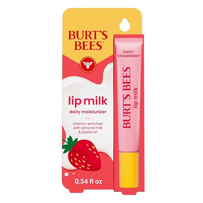 Burt’s Bees Lip Milk, Daily Lip Moisturizer, Sweet Strawberry, Vitamin Enriched Moisturizing Lip Balm with Almond Milk and Jojoba Oil, Hydrating for Softer Lips, 1 Tube, 0.34 Fl Oz-Velvo Beauty
