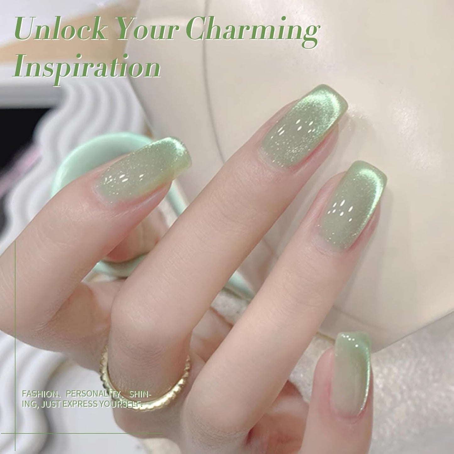 BORN PRETTY Green Cat Magnetic Eye Gel Nail Polish Shimmer Glitter Holographic Aurora Green Magnetic Gel Polish Nail Art Manicure DIY at Home 15ML-Velvo Beauty