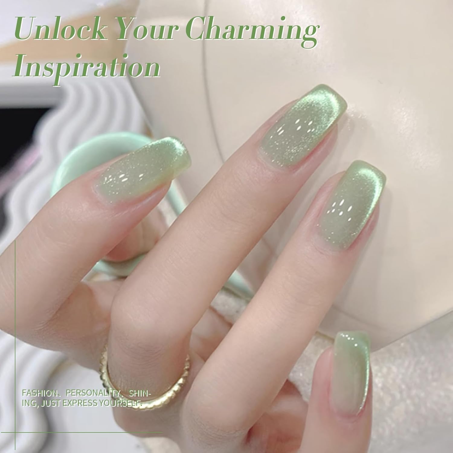 BORN PRETTY Green Cat Magnetic Eye Gel Nail Polish Shimmer Glitter Holographic Aurora Green Magnetic Gel Polish Nail Art Manicure DIY at Home 15ML-Velvo Beauty