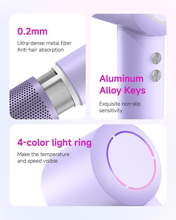 Hair Dryer with Comb & Diffuser Attachment for Curly Hair, PLUZZ 200M Negative Ionic Blow Dryer Brush, High-Speed Brushless Motor Hairdryer Fast, Portable Travel Hair Dryers Quiet, Women/Men/Kids-Velvo Beauty