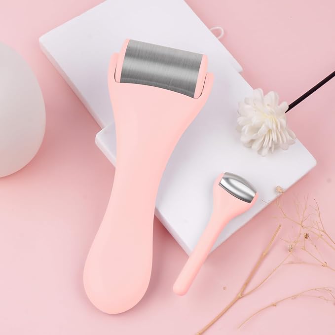 Ice Roller for Face and Eye 2 Pcs,Face Roller Skin Care for Puffiness,Migraine,Pain Relief,Eye Roller For Puffy Eyes Dark Circles,Stainless Steel Facial Roller (Pink)-Velvo Beauty